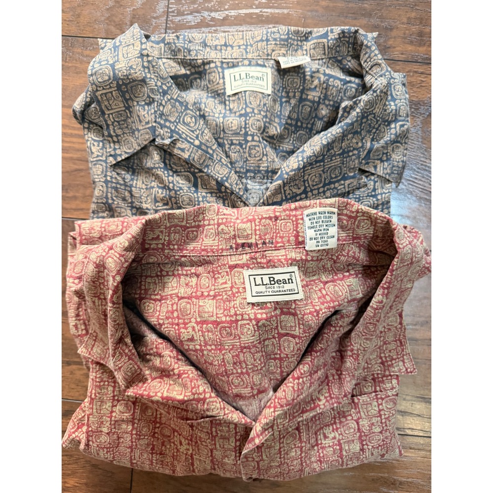 Lot of 2 LL Bean Mens XL Tall Cotton‎ Button Up Shirts Aztec Mayan Print Vintage